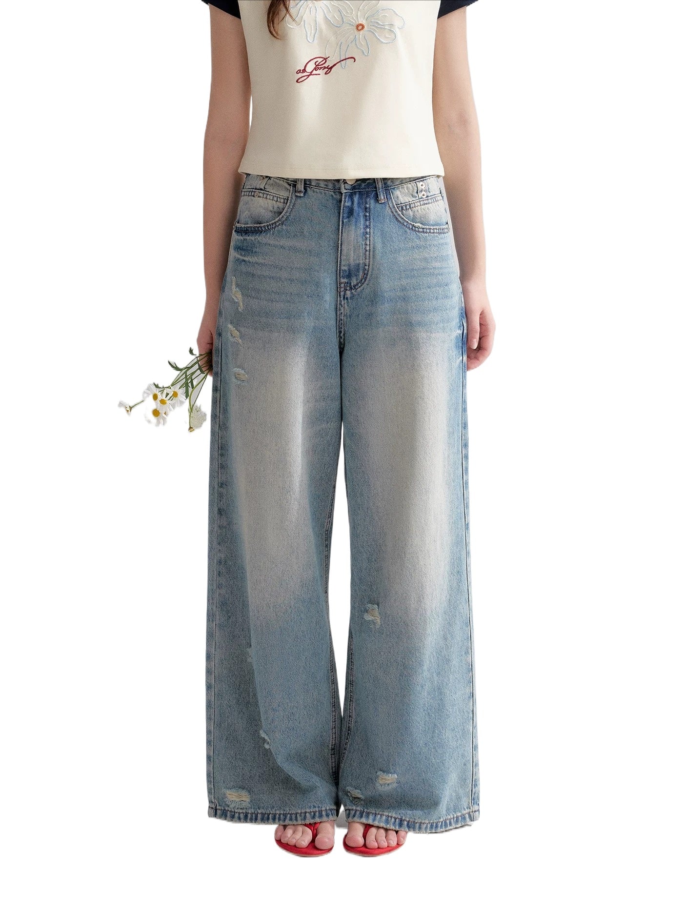 Washed Distressed Wide-Leg Jeans