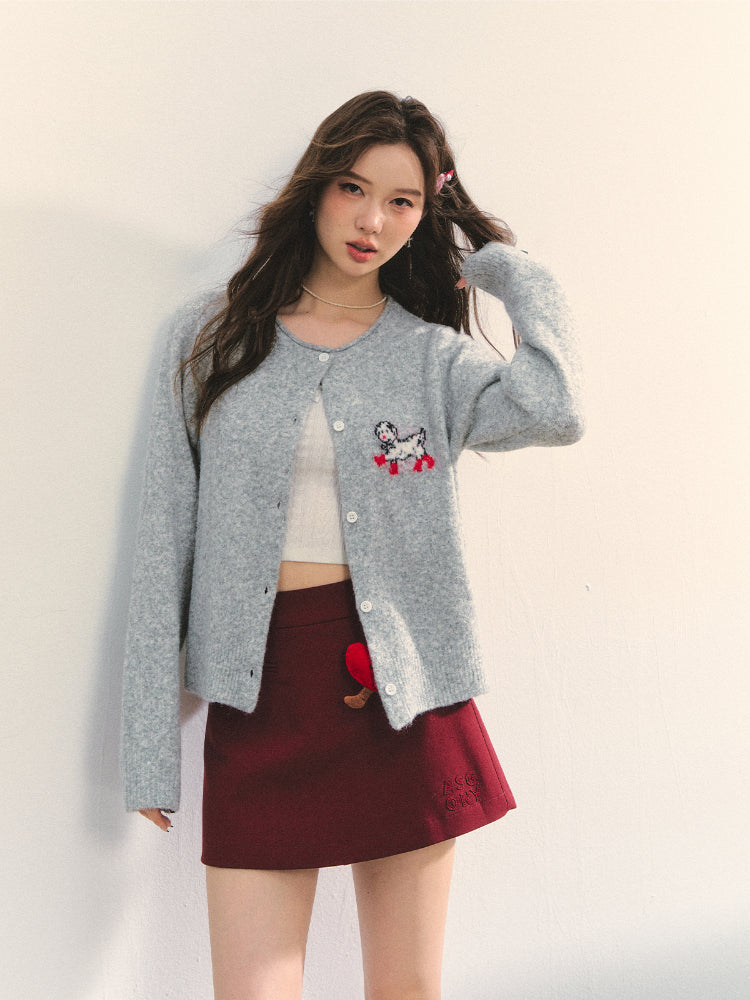 Crew Neck Dalmatian Jacquard Knit Cardigan