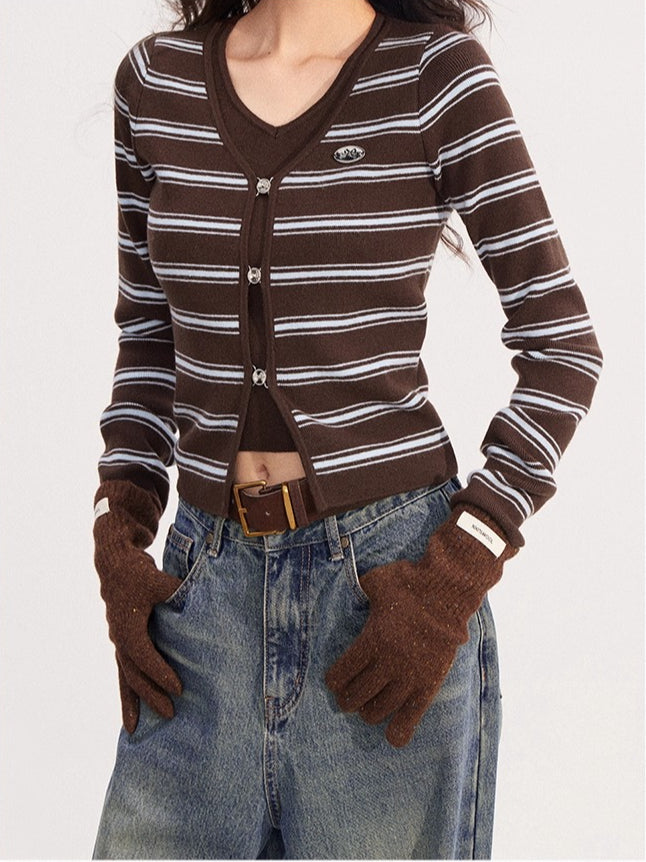 Fake Two-piece V-neck Striped Knit Top