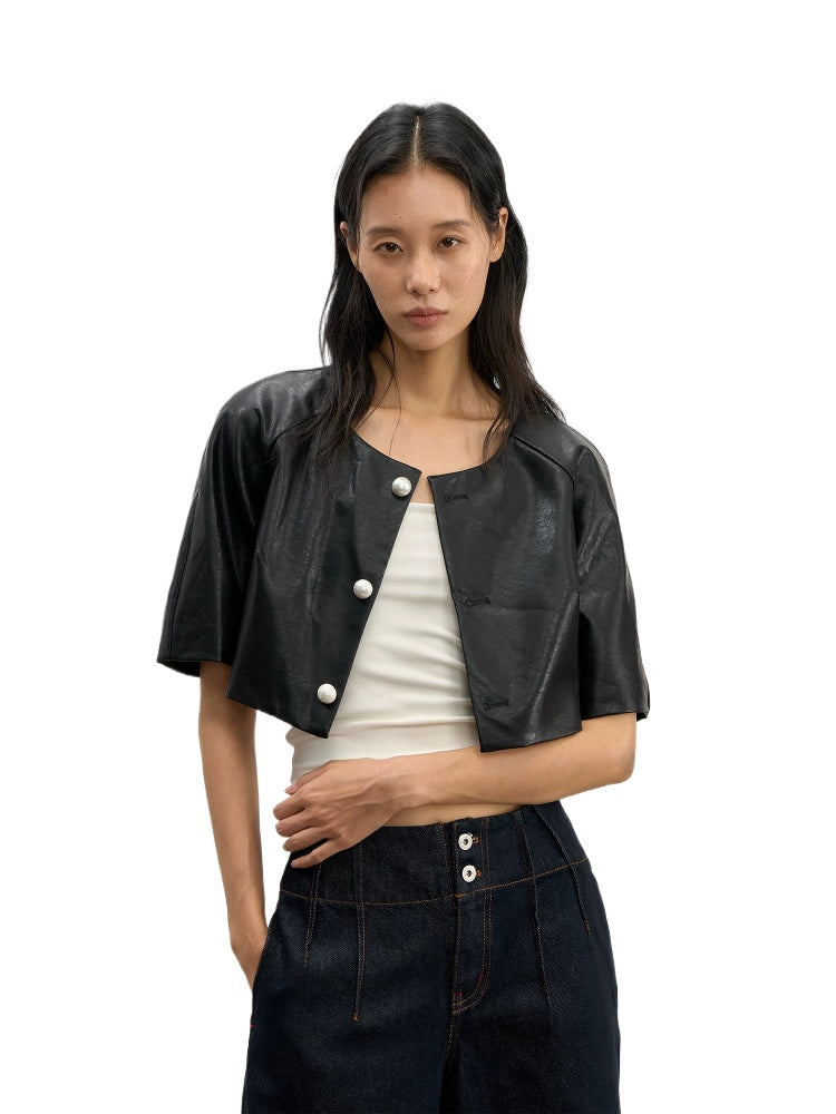 Pearl Button Leather Jacket