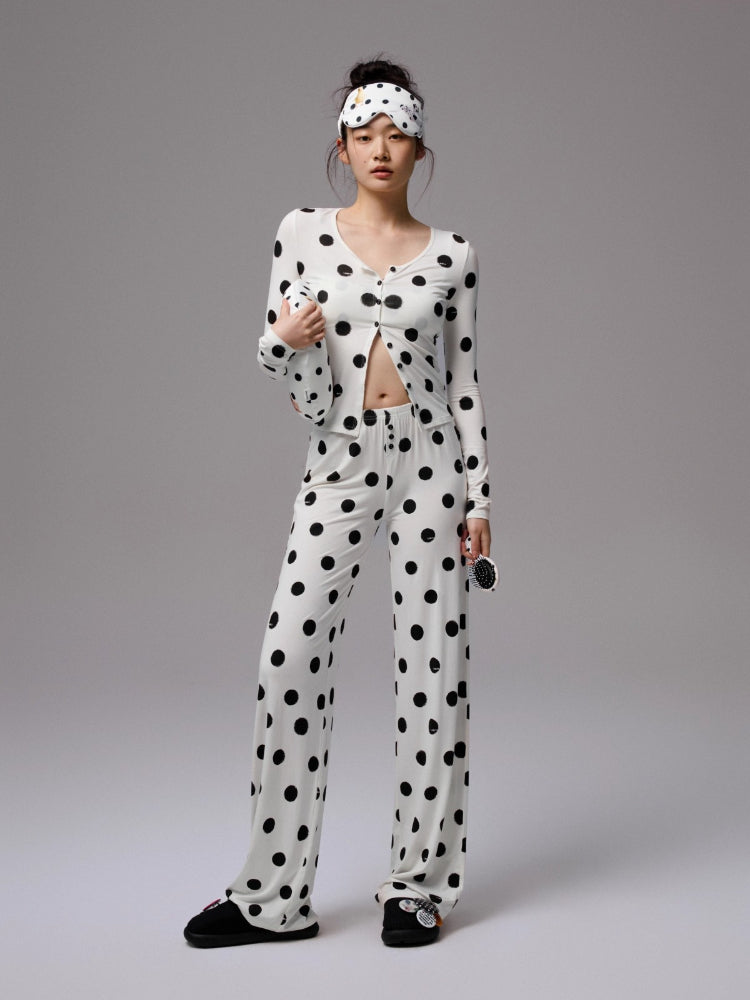 Contrast Polka Dot Lace-Trim Wireless Bra Two-Piece Set