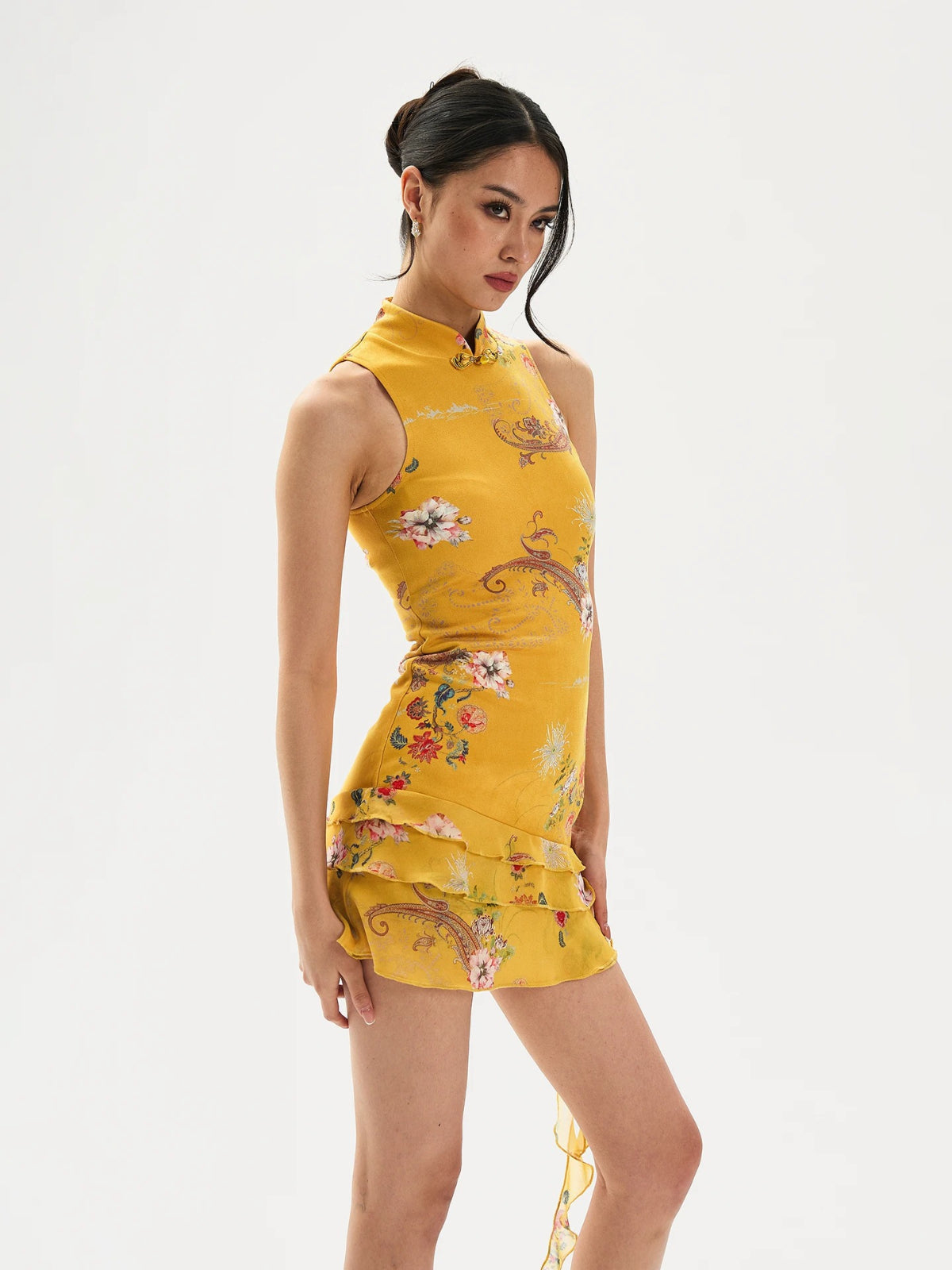 Mandarin Collar Floral Qipao Mini Dress
