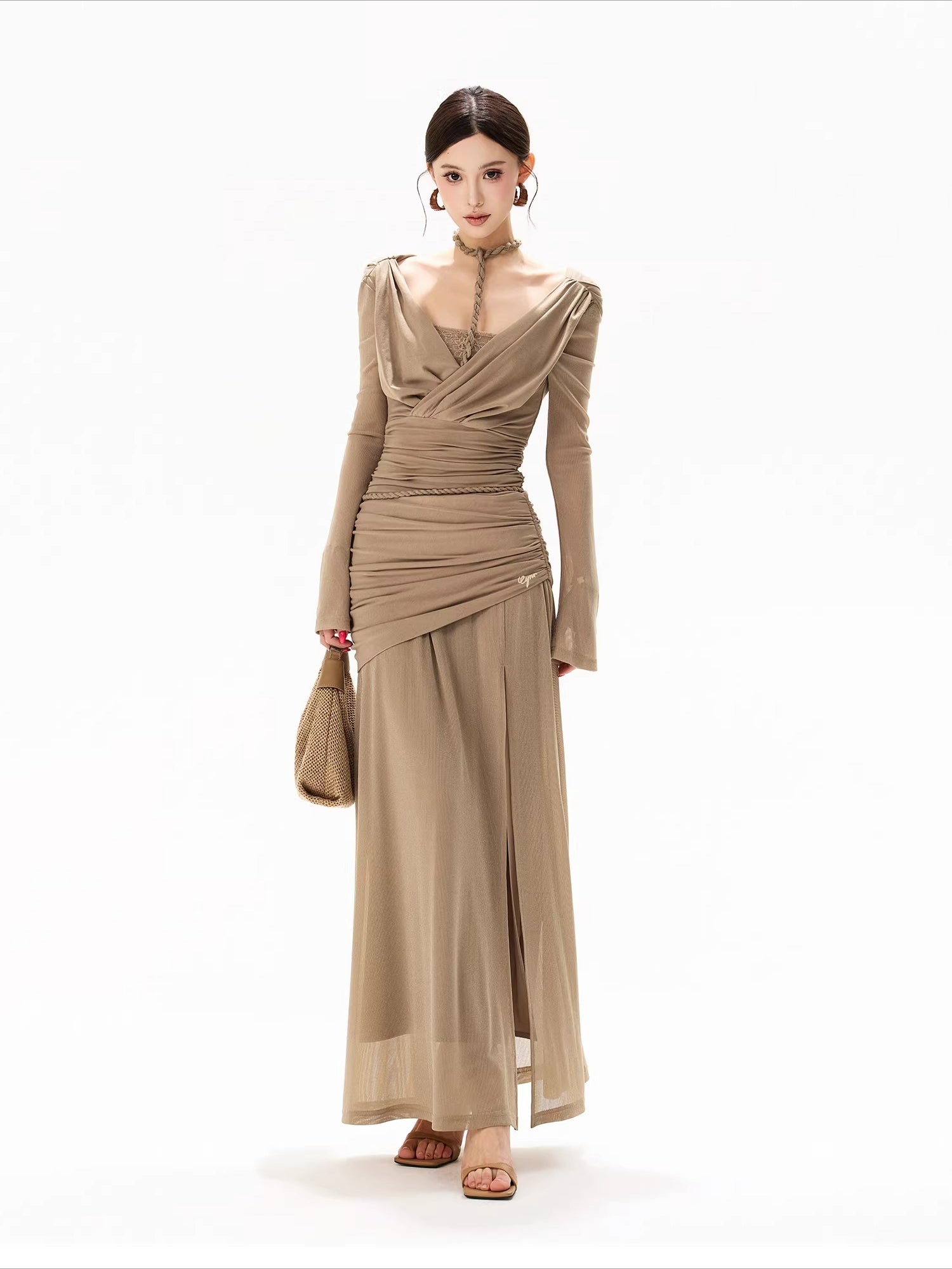 Greige Halter Knit Mesh Maxi Dress