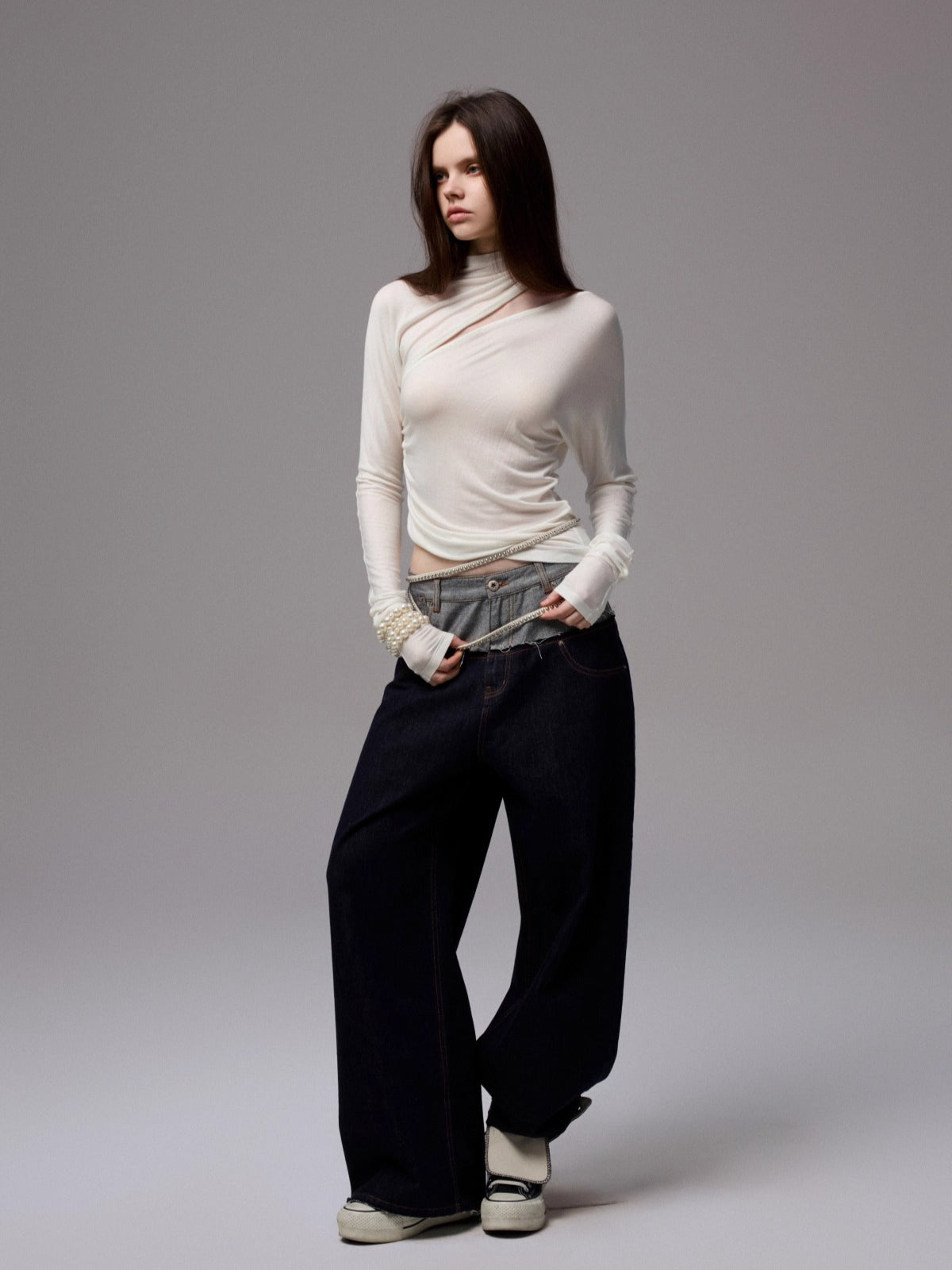 Draped Lyocell Wool Cutout Blouse