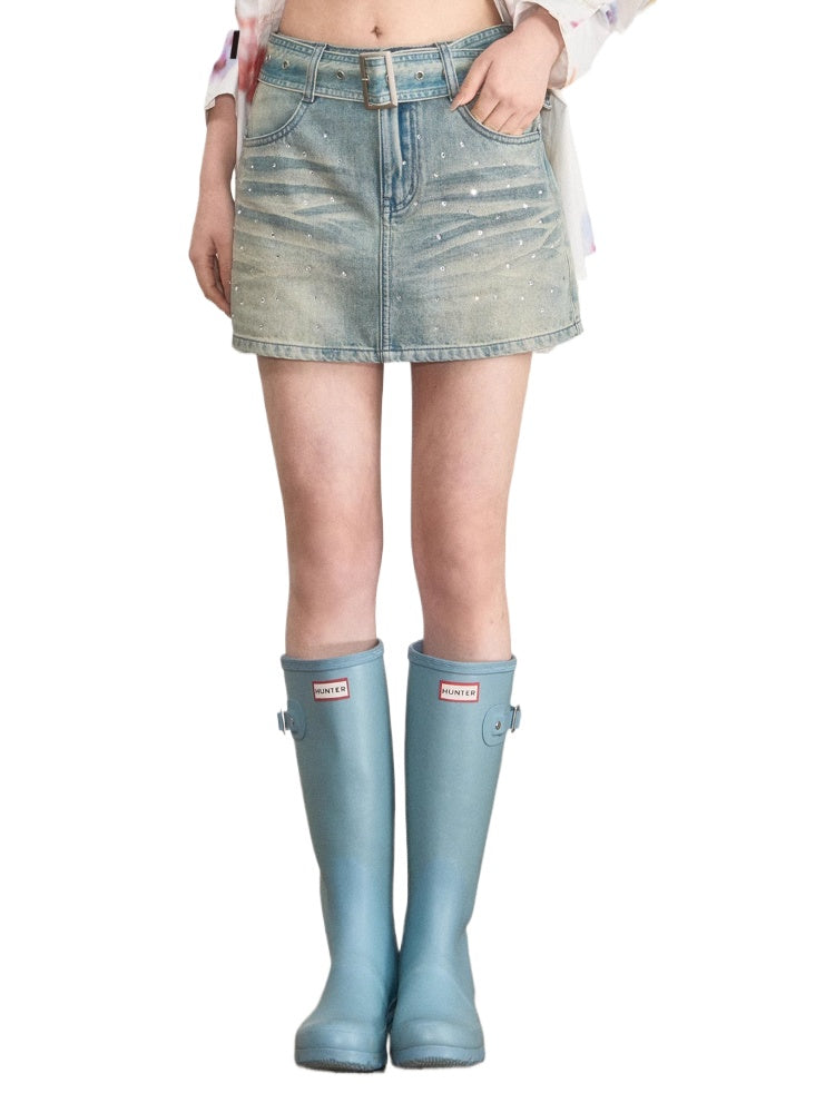 Belted Rhinestone Denim Skirt