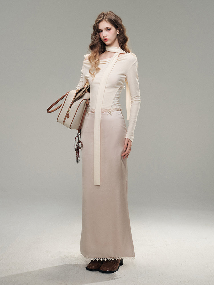 Lace Satin Midi Skirt