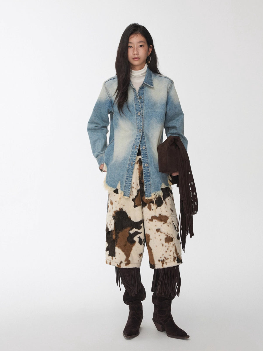 Vintage Washed Frayed-Edge Denim Shirt
