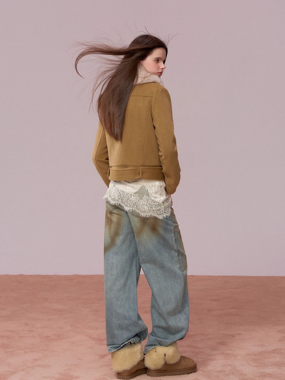 Faux Fur Collar Removable Belted Jacket