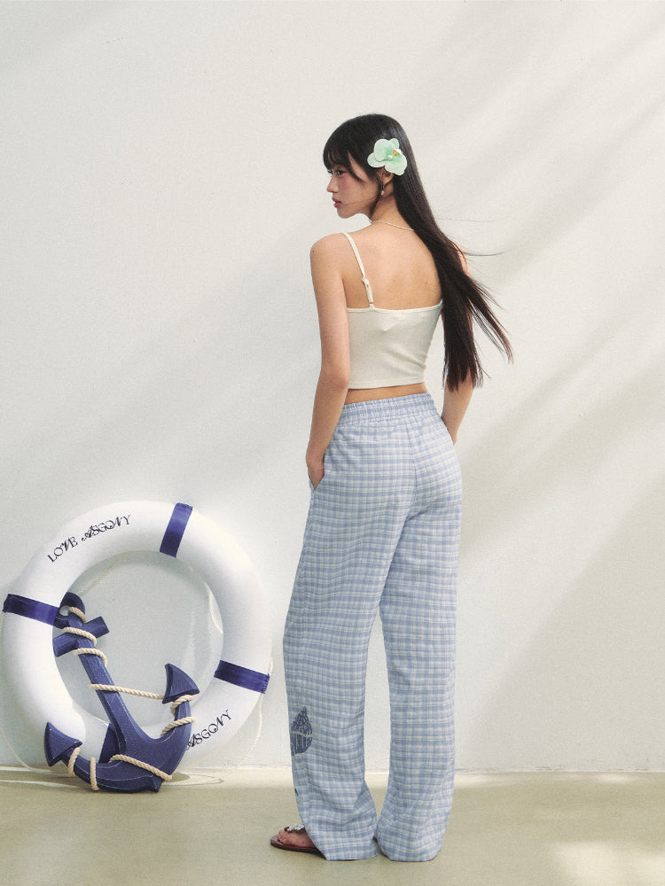 Checkered Print High-Waist Tie Pants