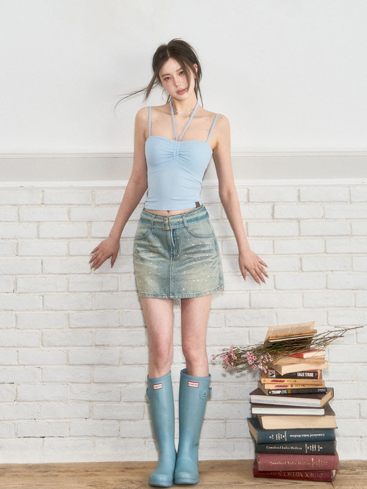 Belted Rhinestone Denim Skirt
