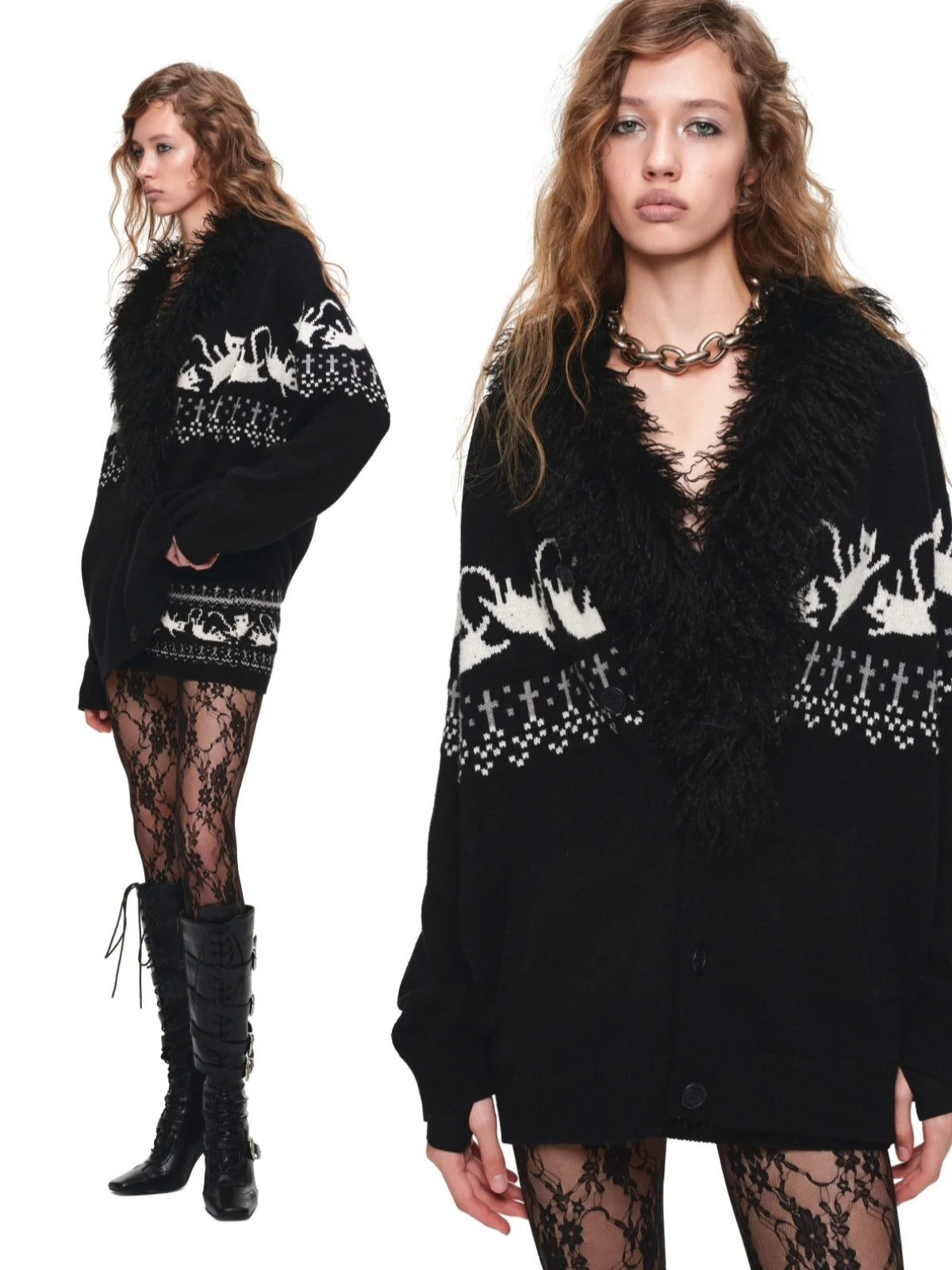 Lamb Fur V-Neck Knit Bodysuit