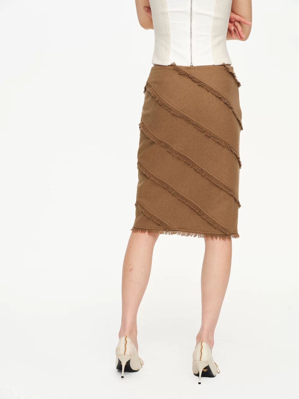Asymmetric Fringed Wool Blend Skirt