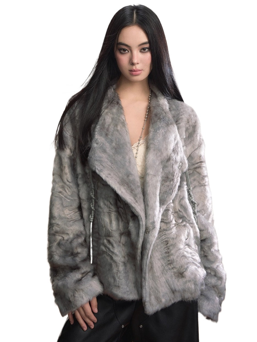 Textured Custom Large Notch Collar Faux Fur Coat