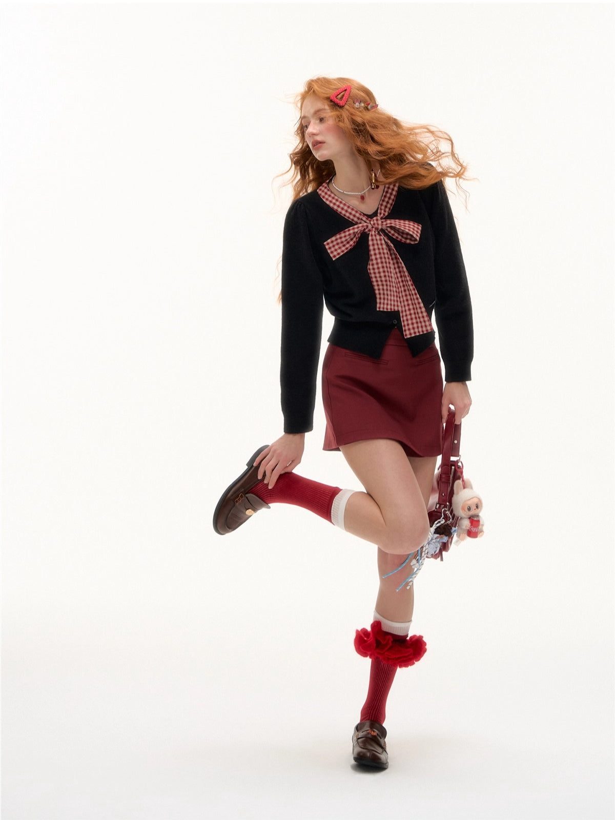 Plaid Bow-Tie Round Neck Knitted Cardigan