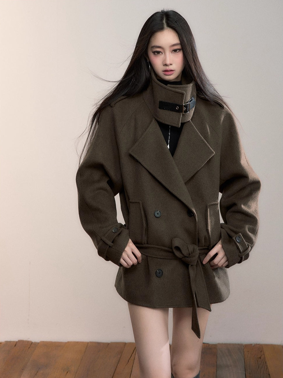 High-Neck Belted Wool Coat