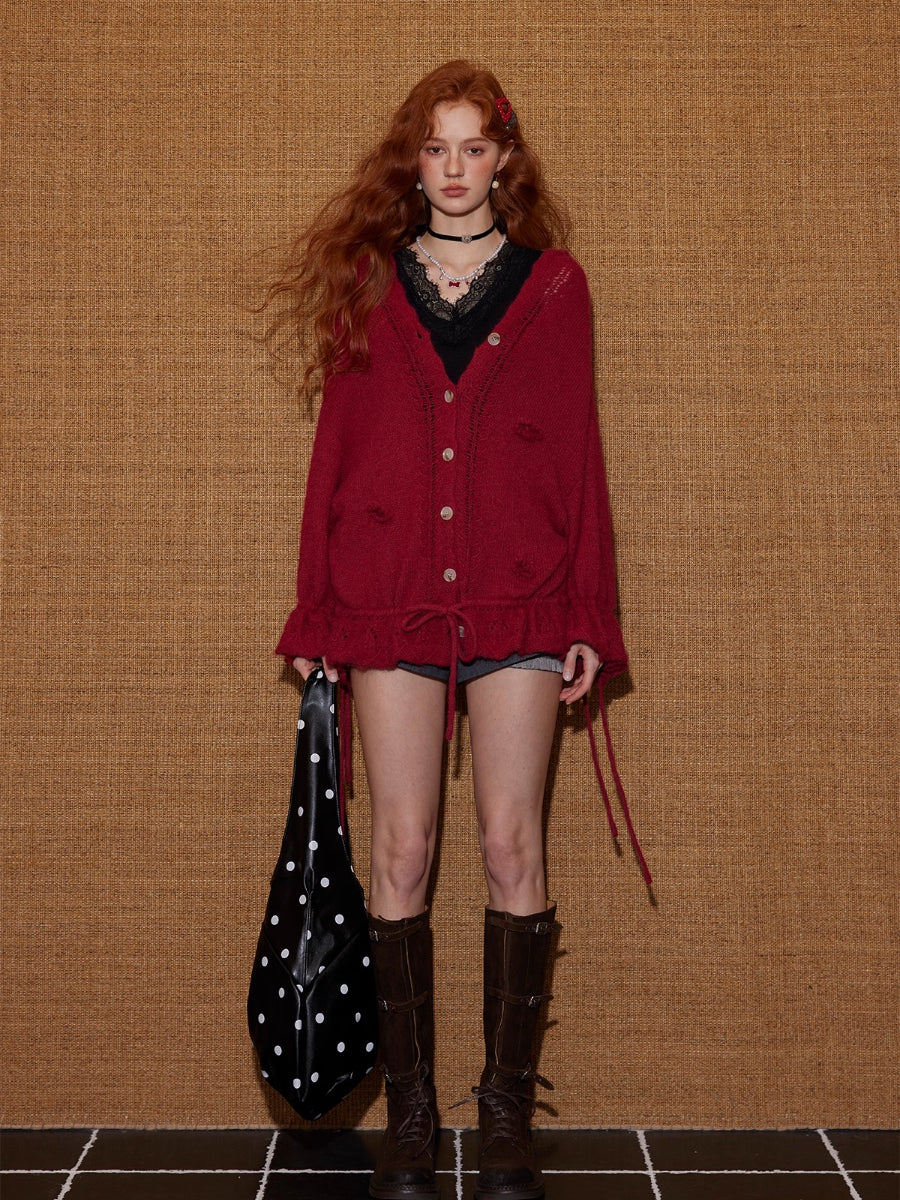 V-Neck Floral Tie Wool-Blend Knit Cardigan