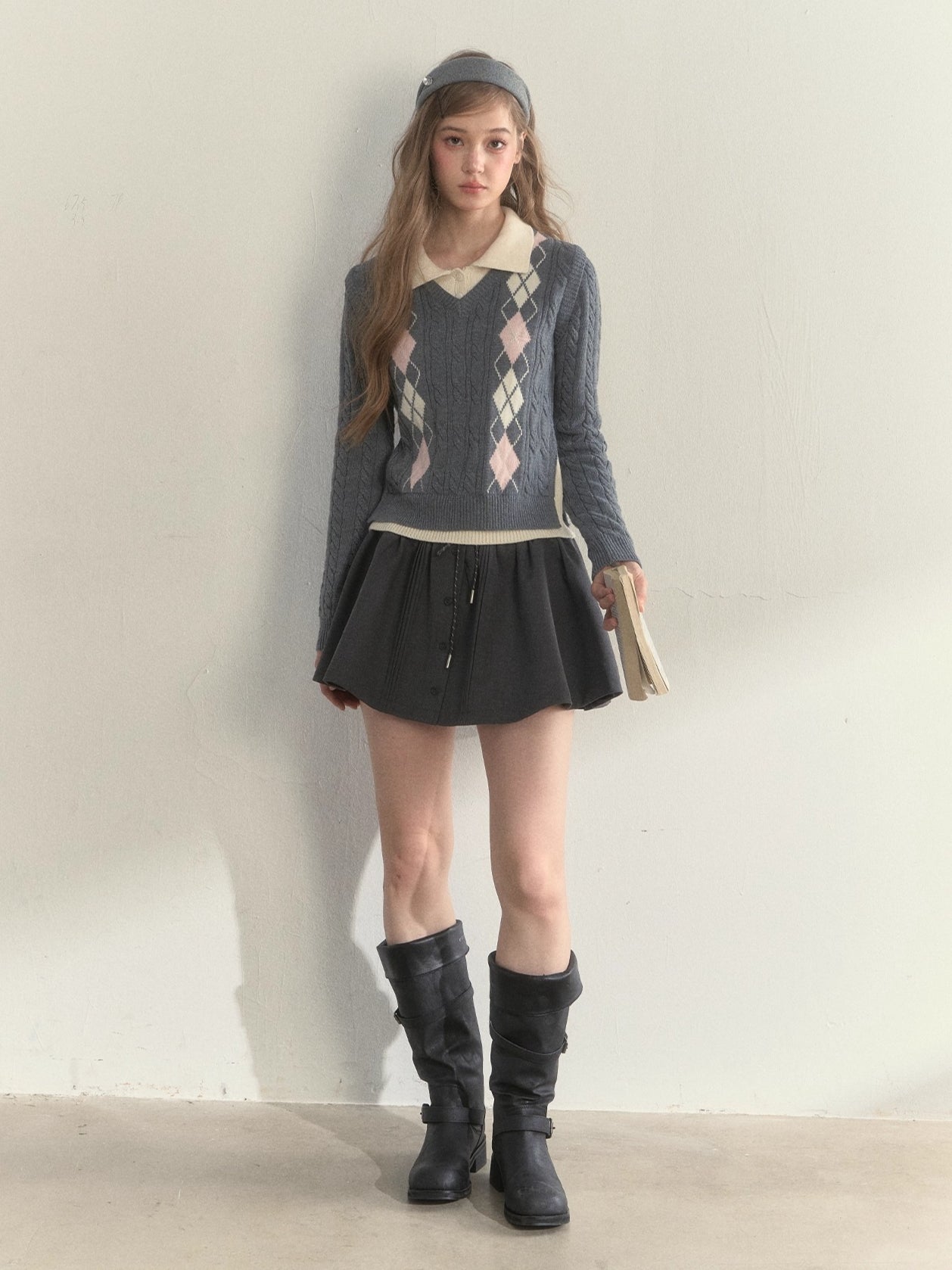 Argyle Cable Faux Two-Piece Sweater