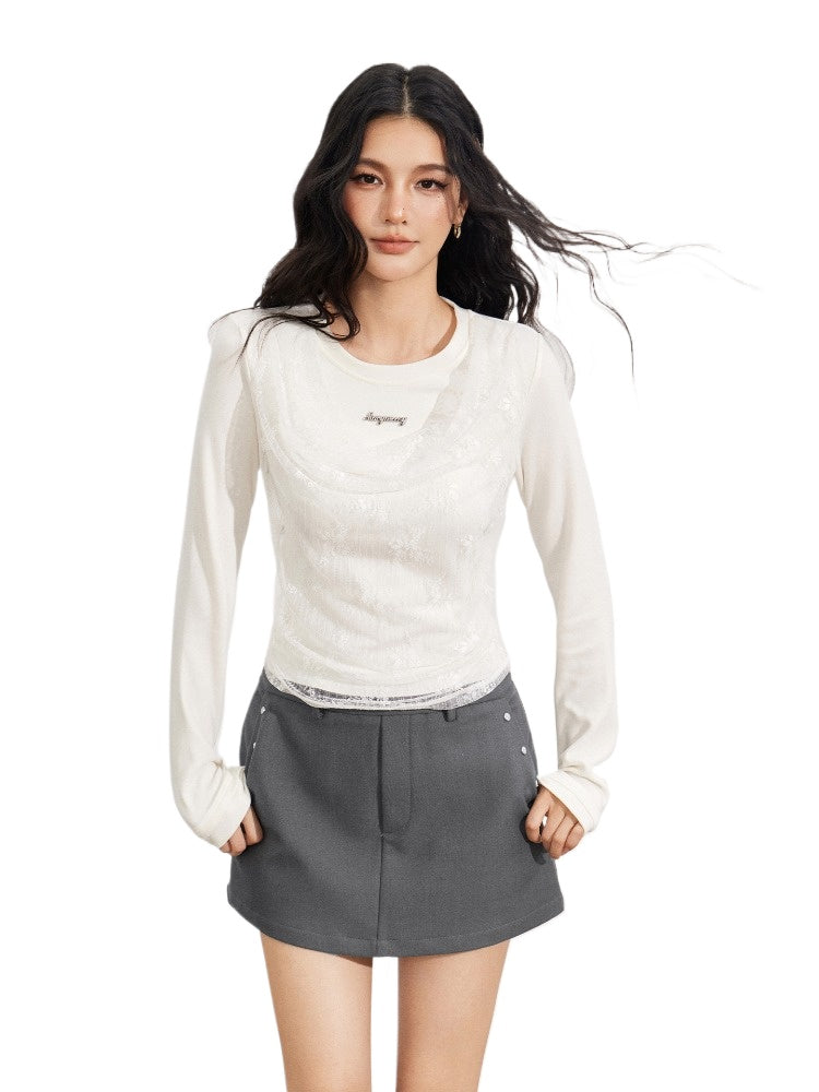 Beige Lace Patchowrk 2-in-1 Blouse