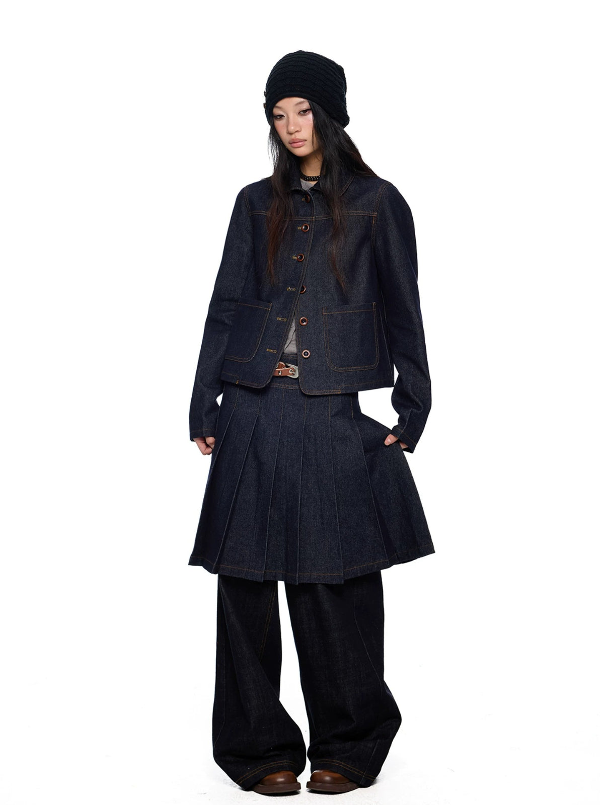 Vintage Denim Collar Pleated Skirt Set