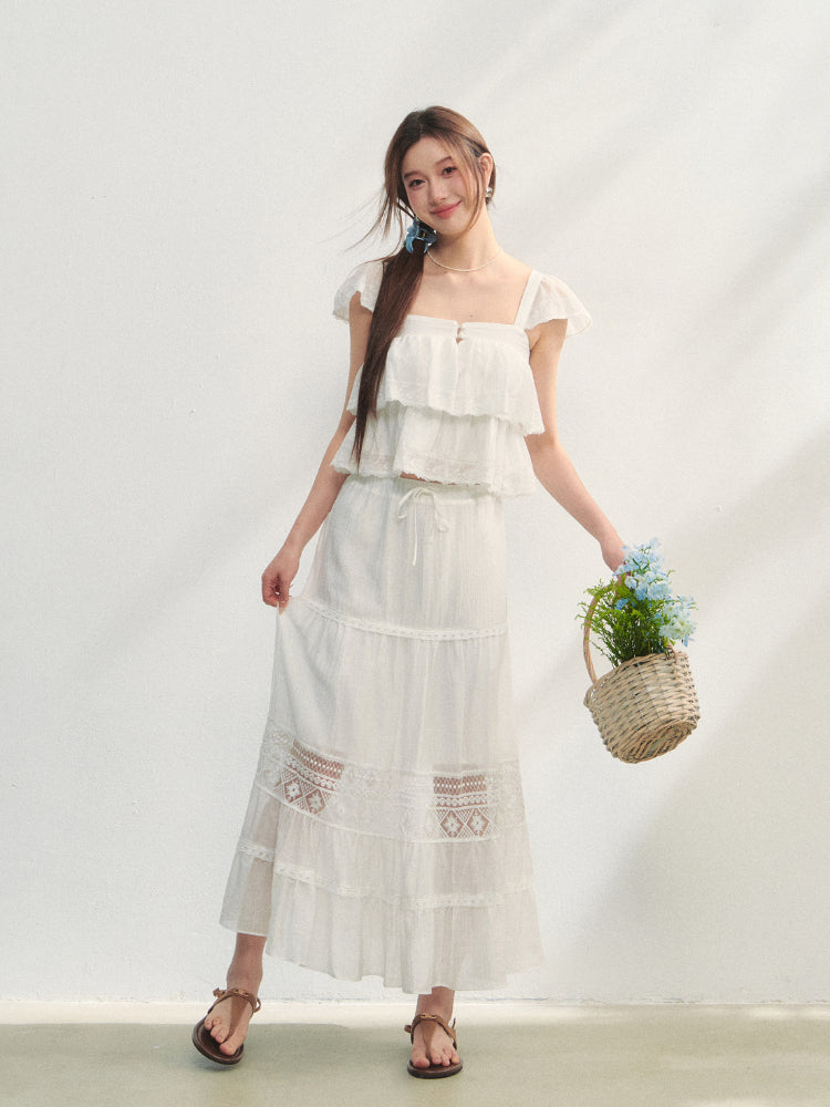 Soft Flutter Sleeve Blouse & Skirt Set