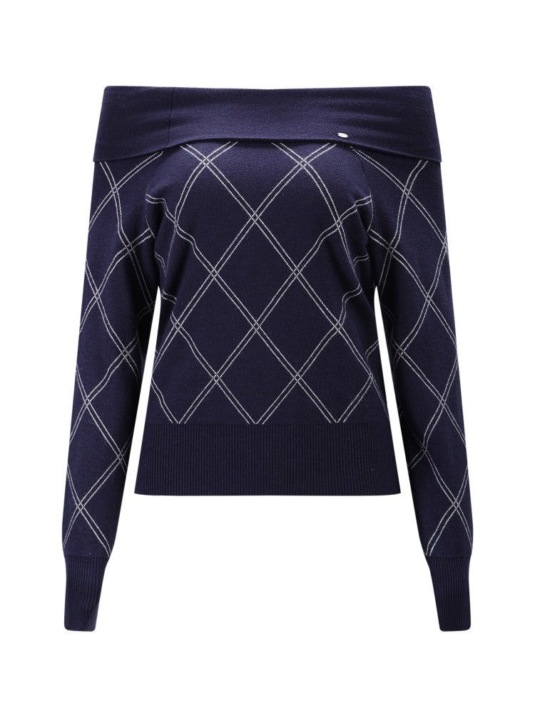 Navy Blue Off-shoulder Diamond-pattern Knit Sweater