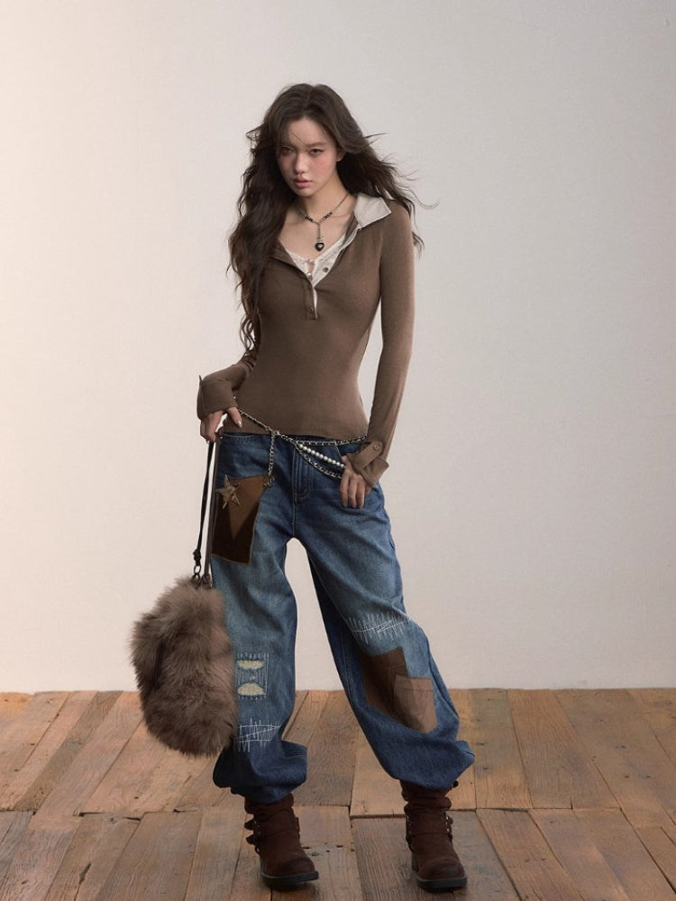 Patchwork Contrast Straight-Leg Jeans