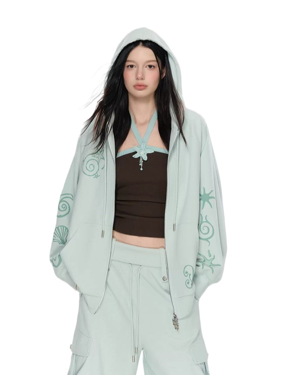 Green & Beige Printed Hoodie Set
