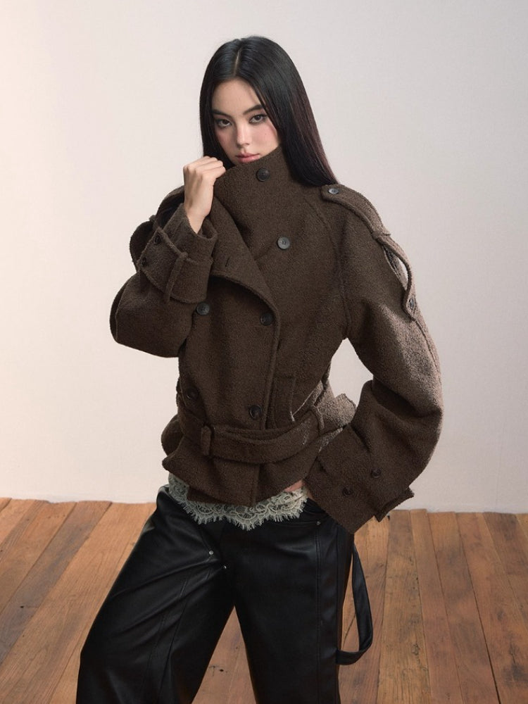 Contrast Double-Breasted Wool-Blend Coat