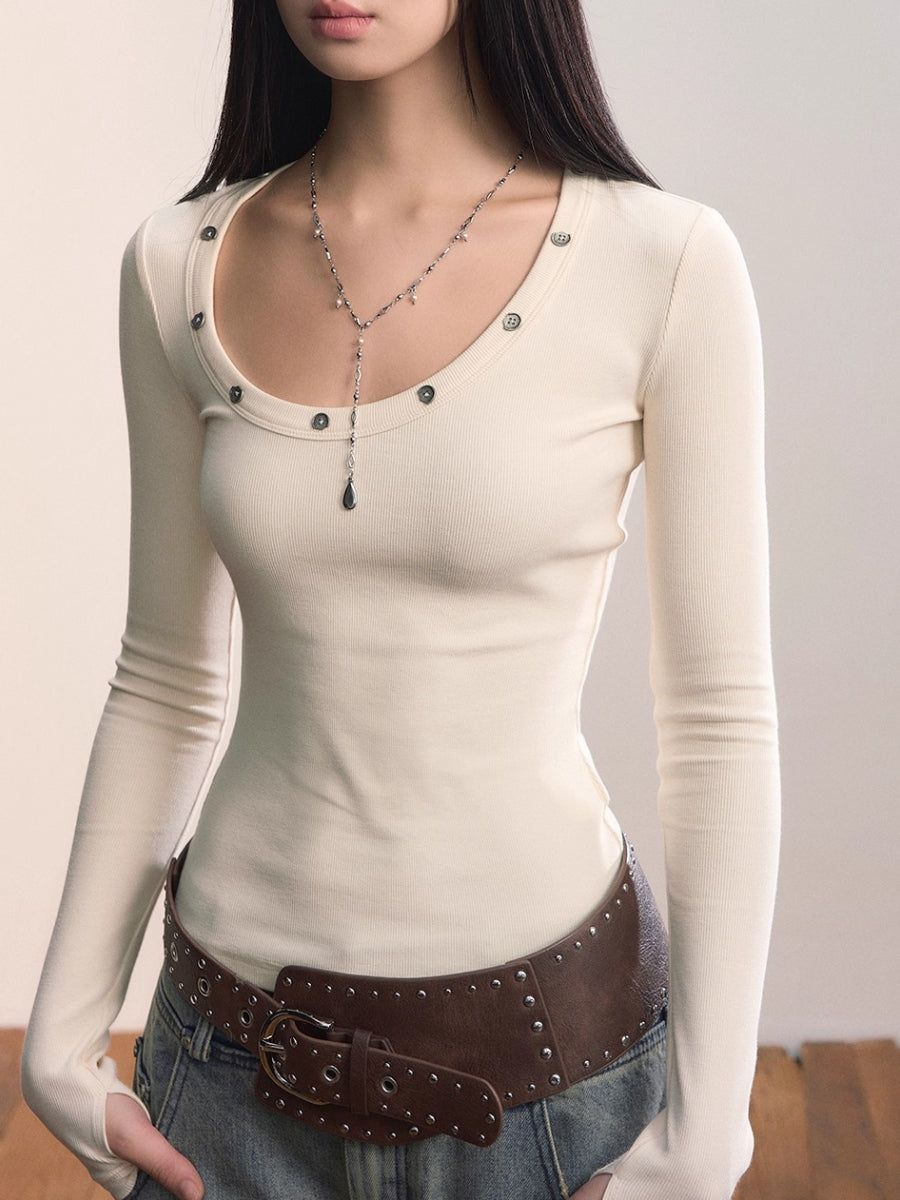 Studded Asymmetric U-Neck Long Sleeve Knit Top