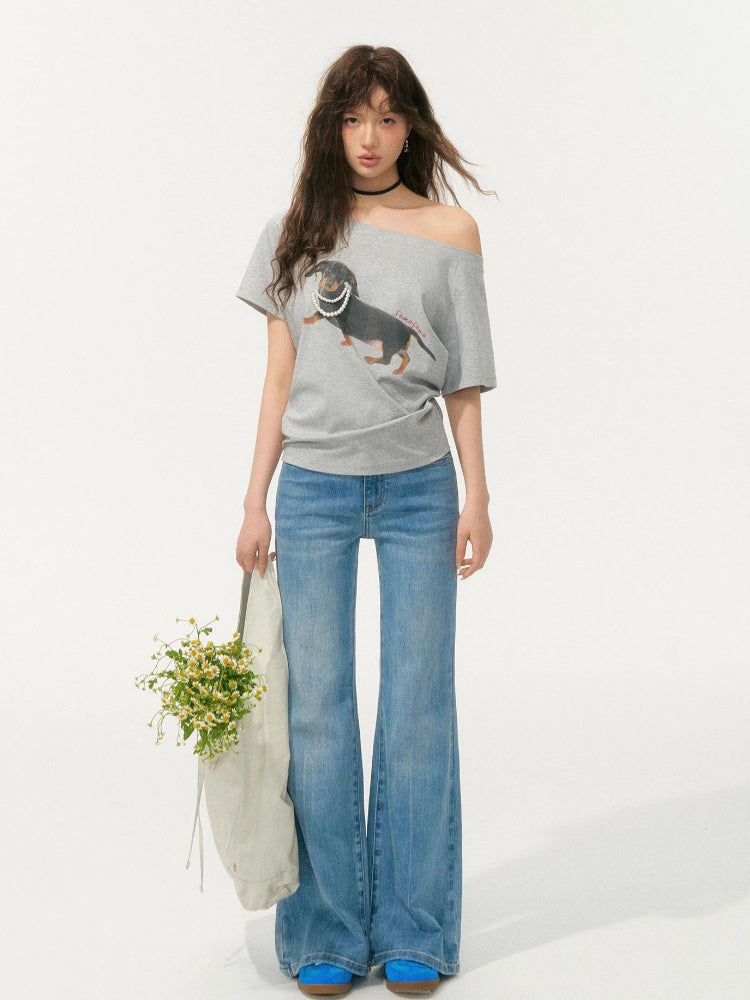 Light Blue Lace-Edge Patchwork Washed Denim Pants