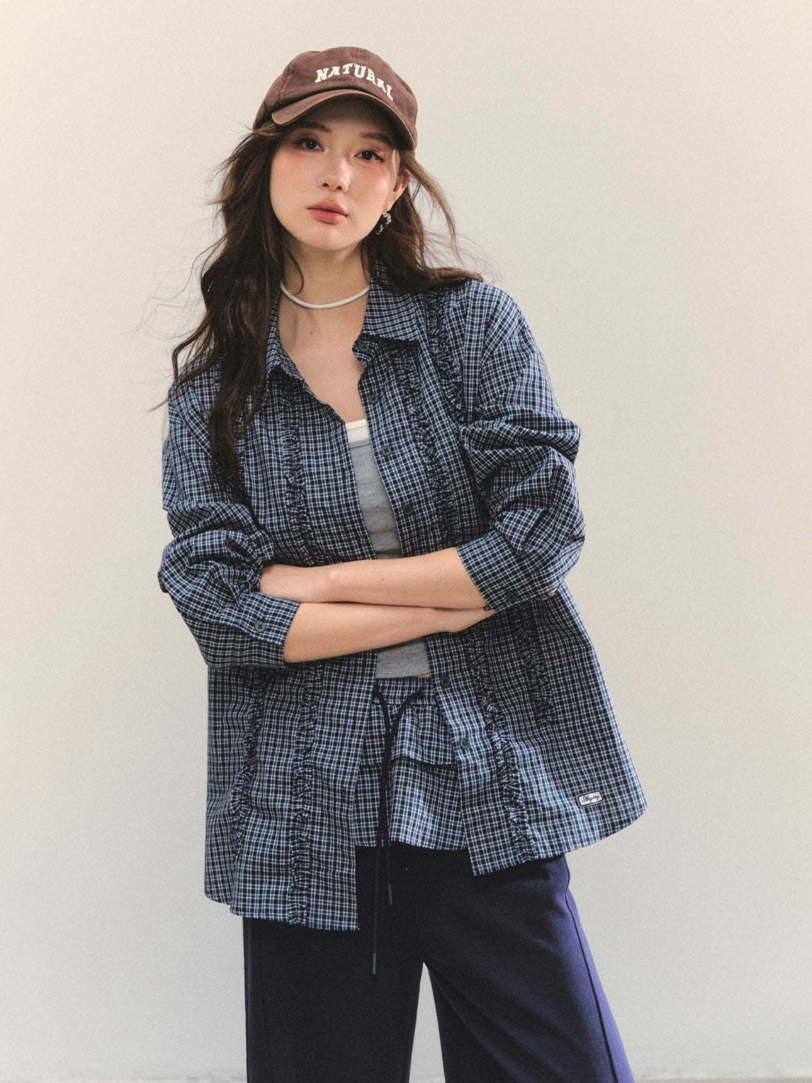 Plaid Ruffle Drawstring Pleated Shirt & Sweatpants Set