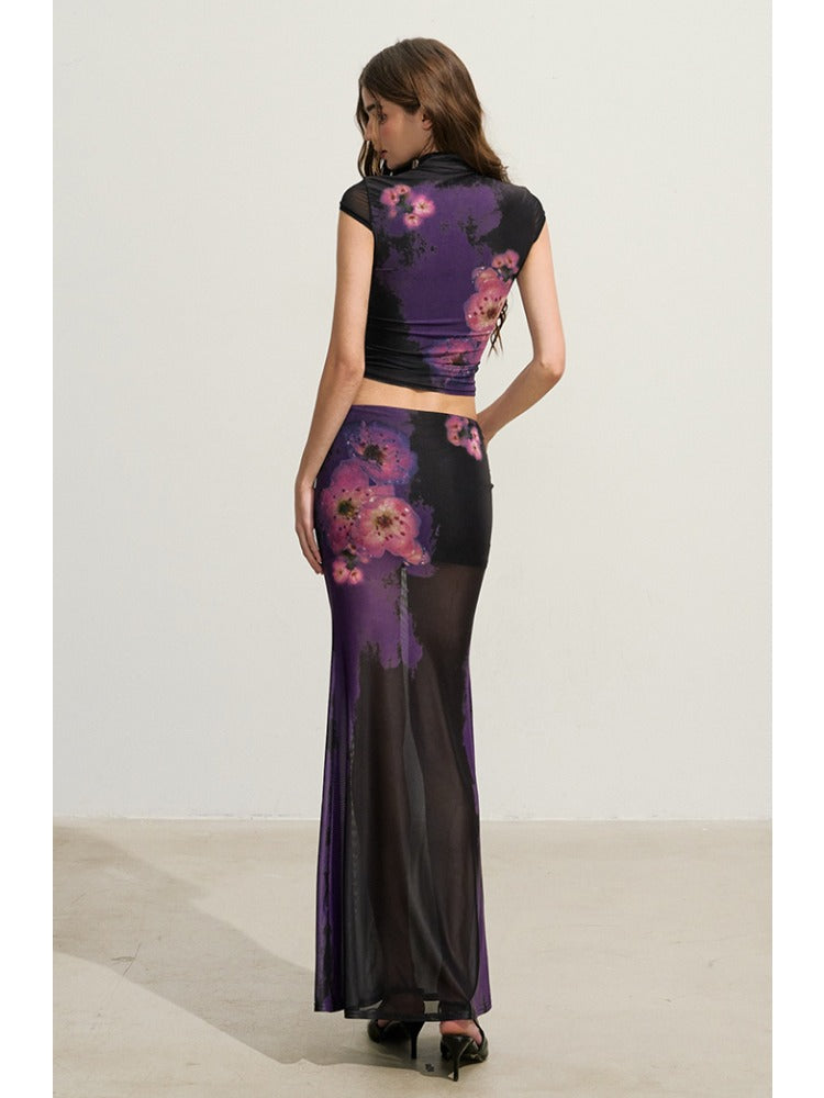 Purple Floral Cheongsam Mesh Set