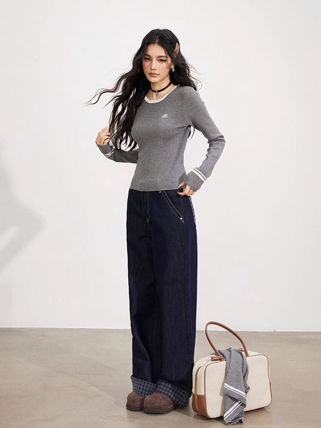 Gray & Blue Shoulder Crewneck Layer & Cape Set