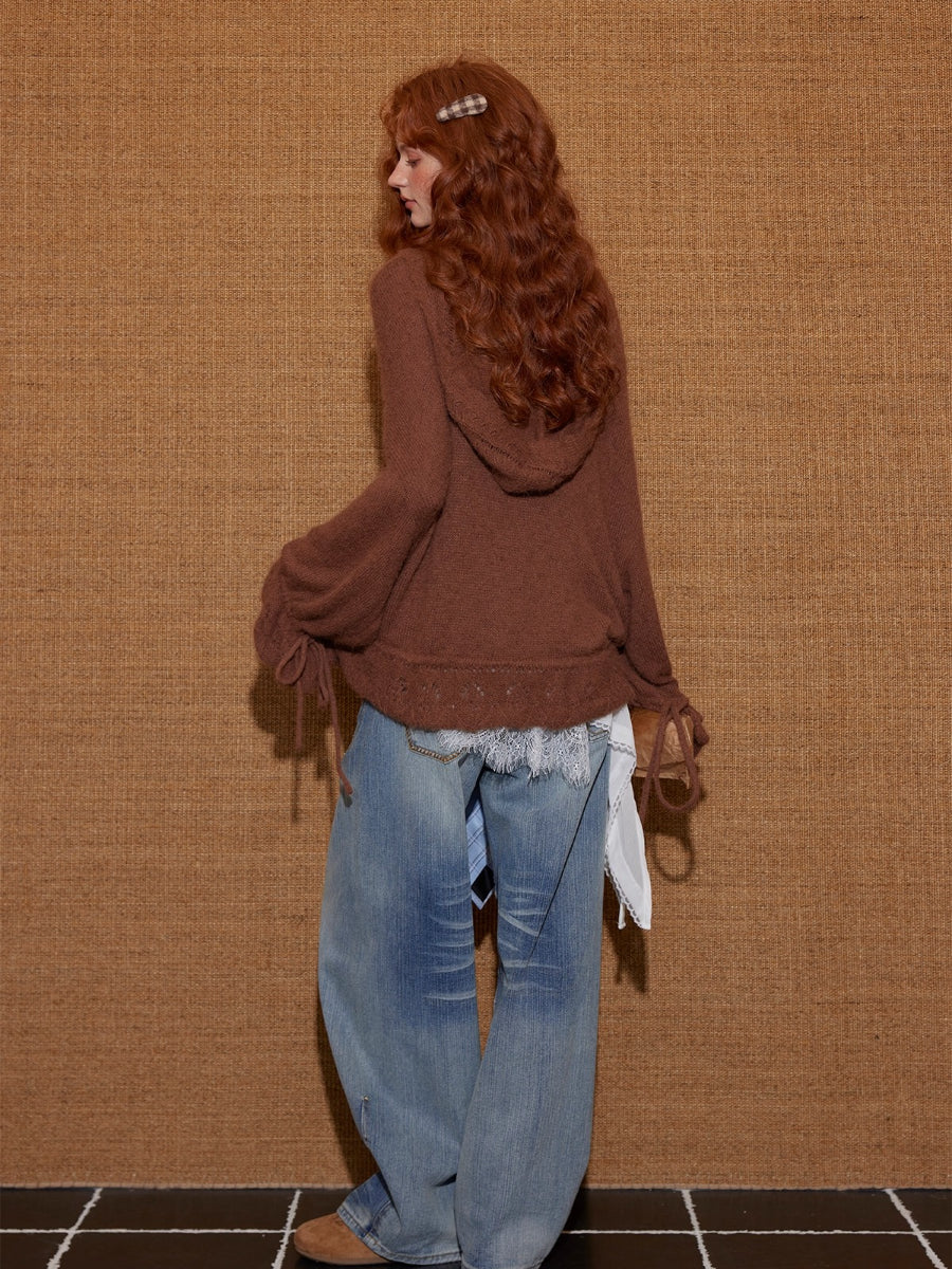 V-Neck Floral Tie Wool-Blend Knit Cardigan