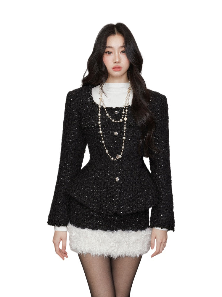 Chanel-style Square Neck Waist-Cinching Jacket & skirt set