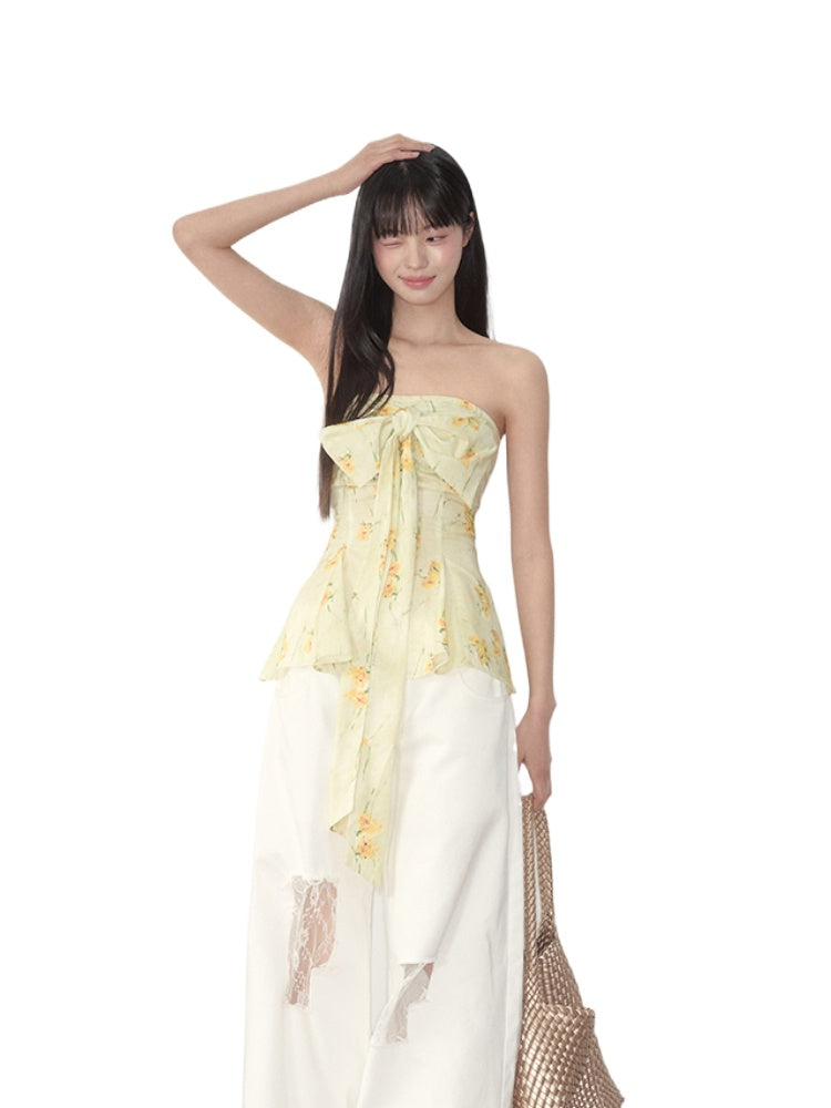 Yellow Floral Elastic Bow - adorned Strapless Top