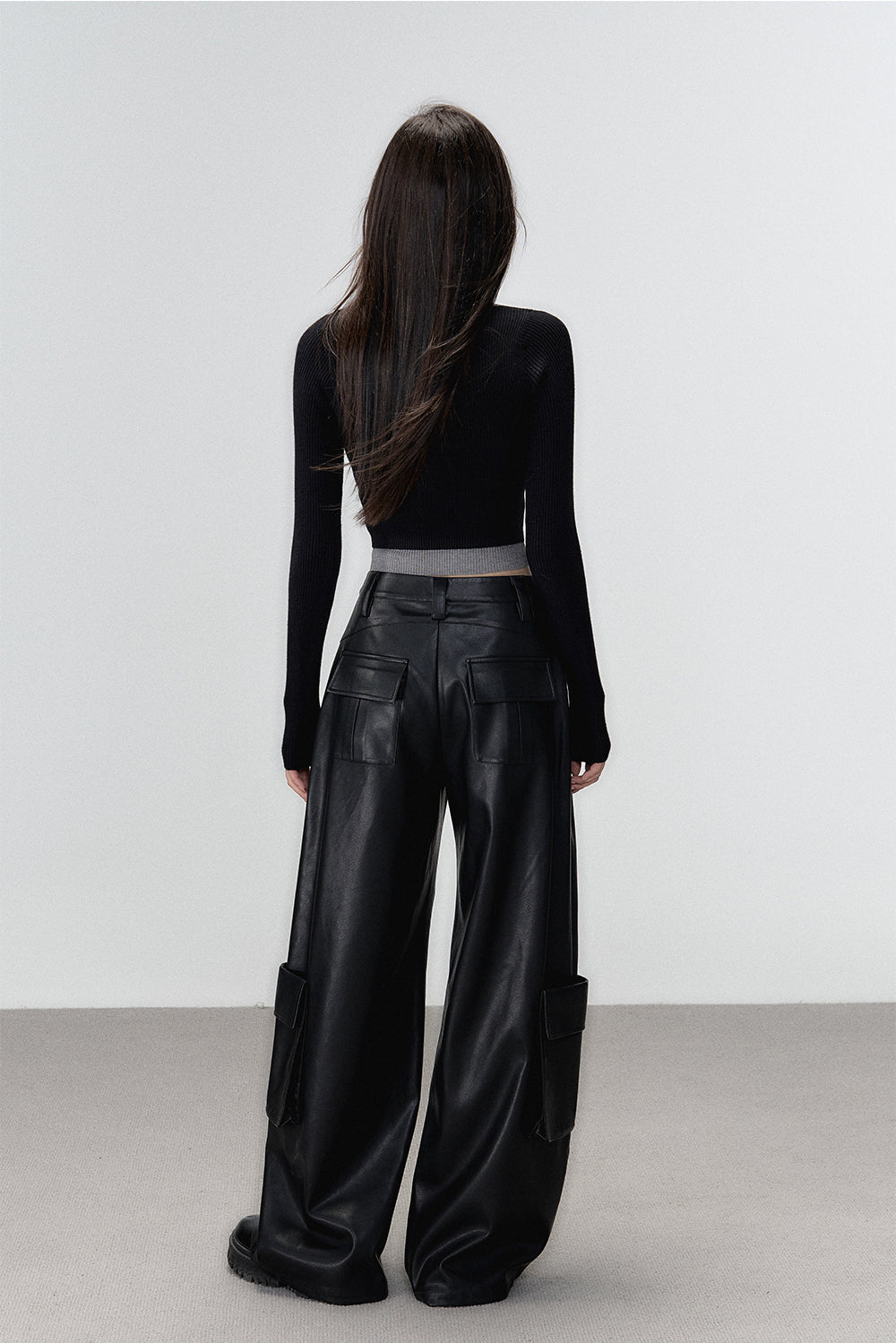 Black Rivet Straight Leather Pants