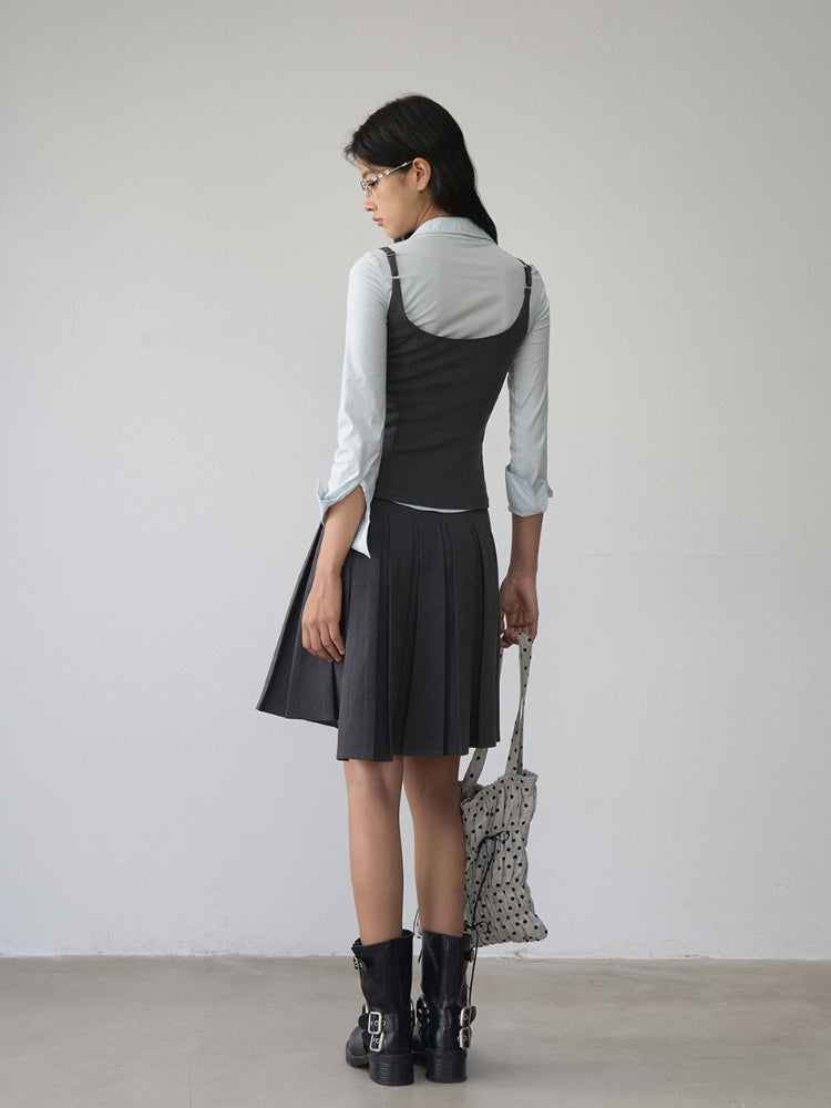 Contrast-colored Collared Waist-cinched Shirt