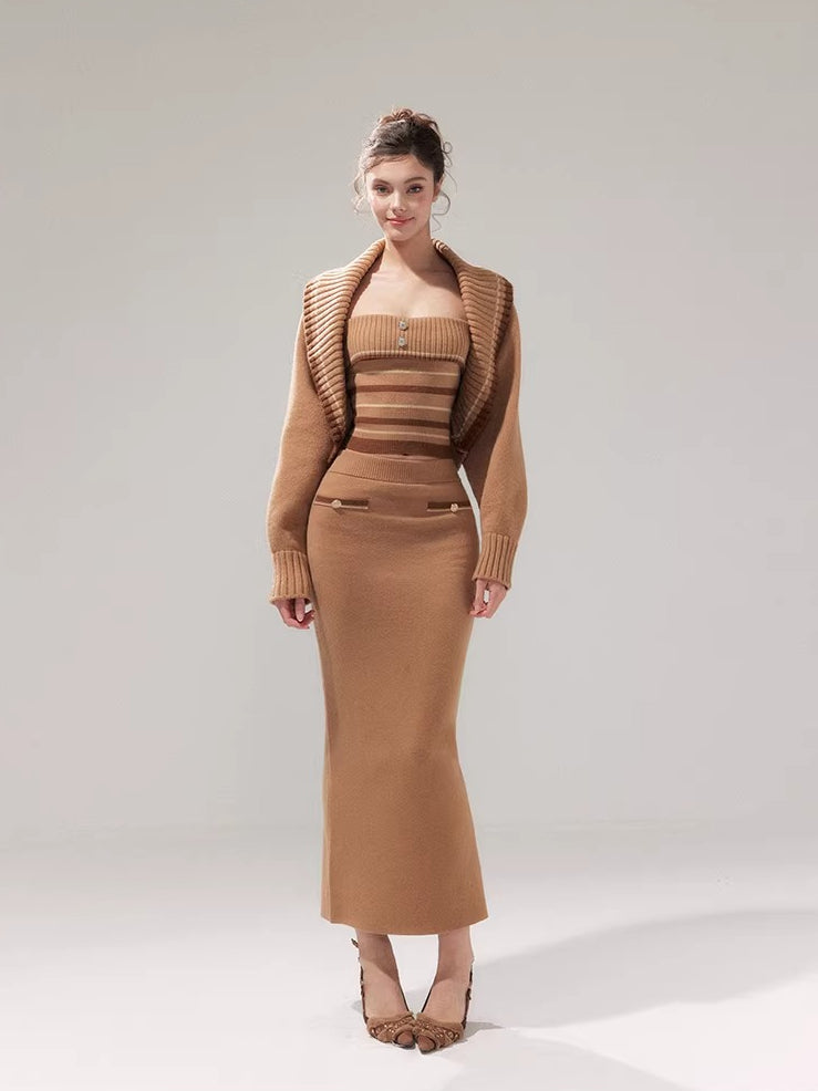 Khaki Striped Oversized Collar Knit Cardigan and Pants Set