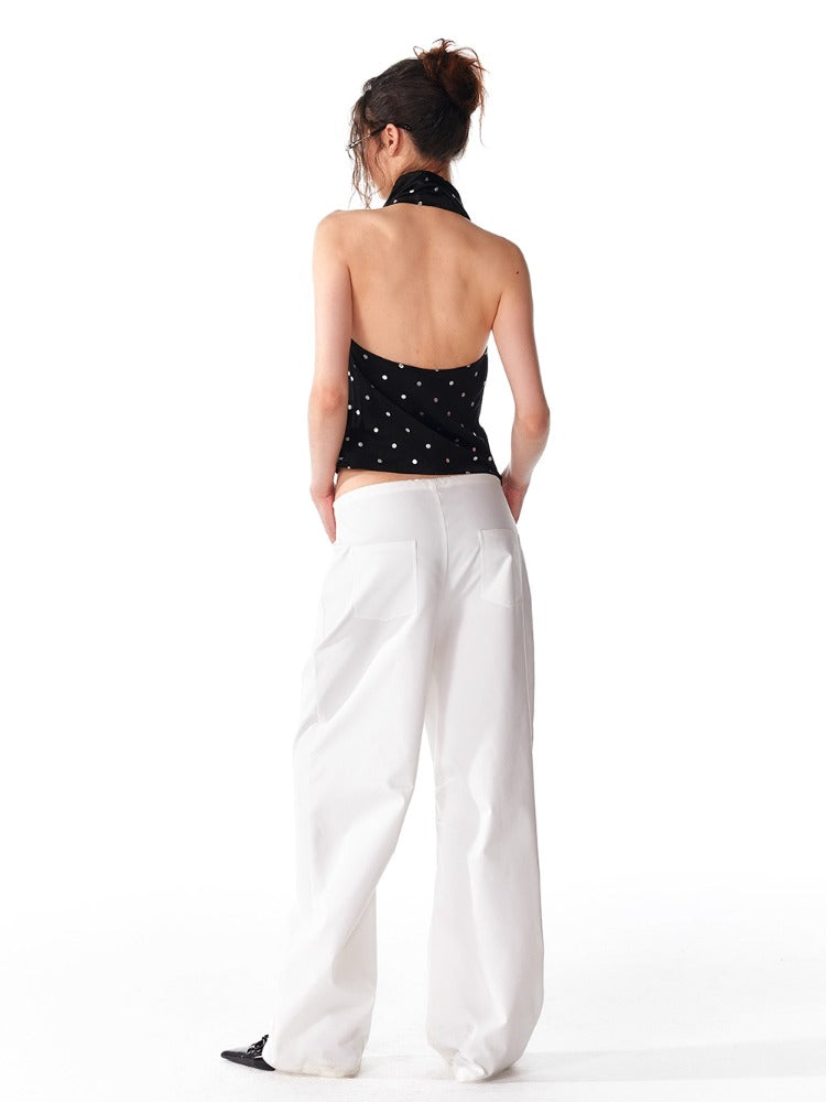 Black Silver Polka Dot Neckline Backless Top