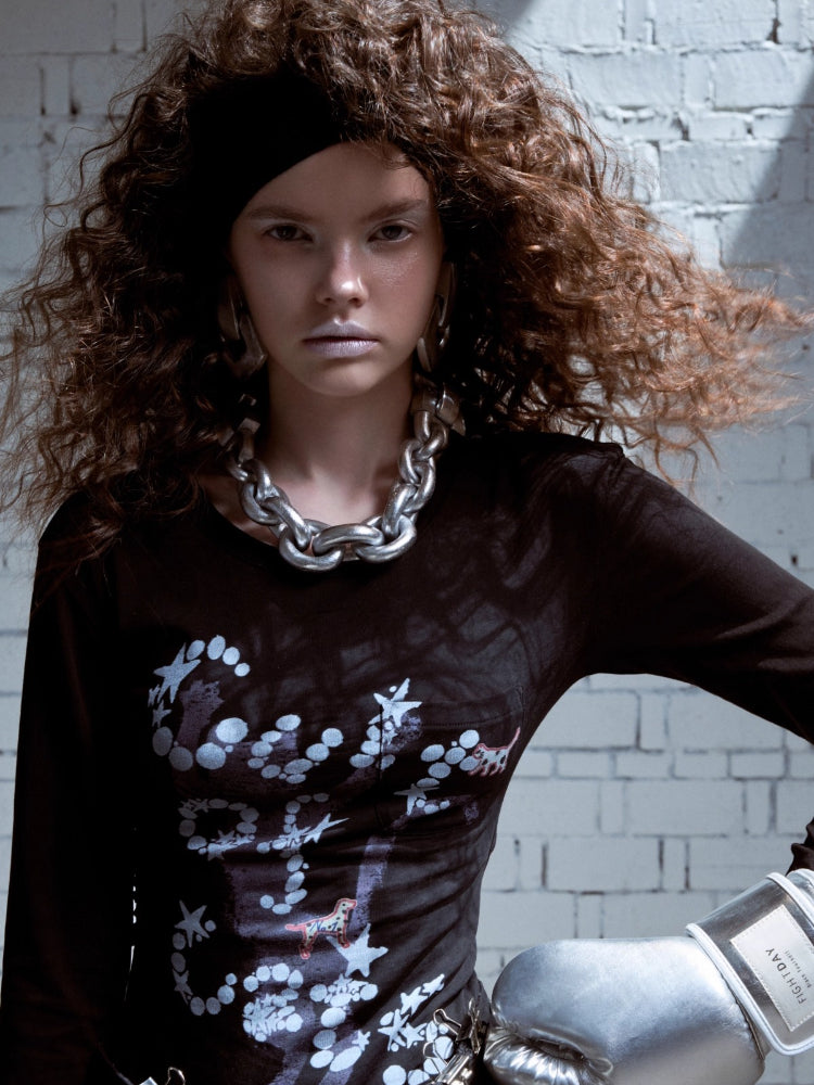 Cat Print Open-Back Long-Sleeve T-shirt
