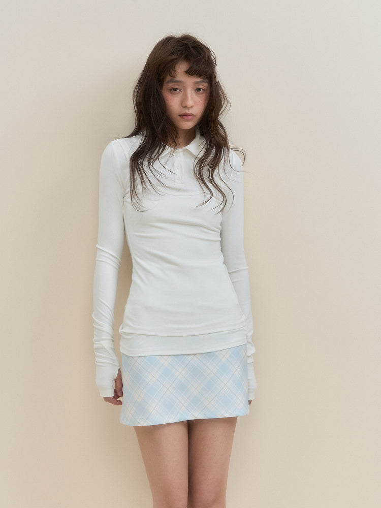 White & Blue Collared Knit Top & Skirt Set