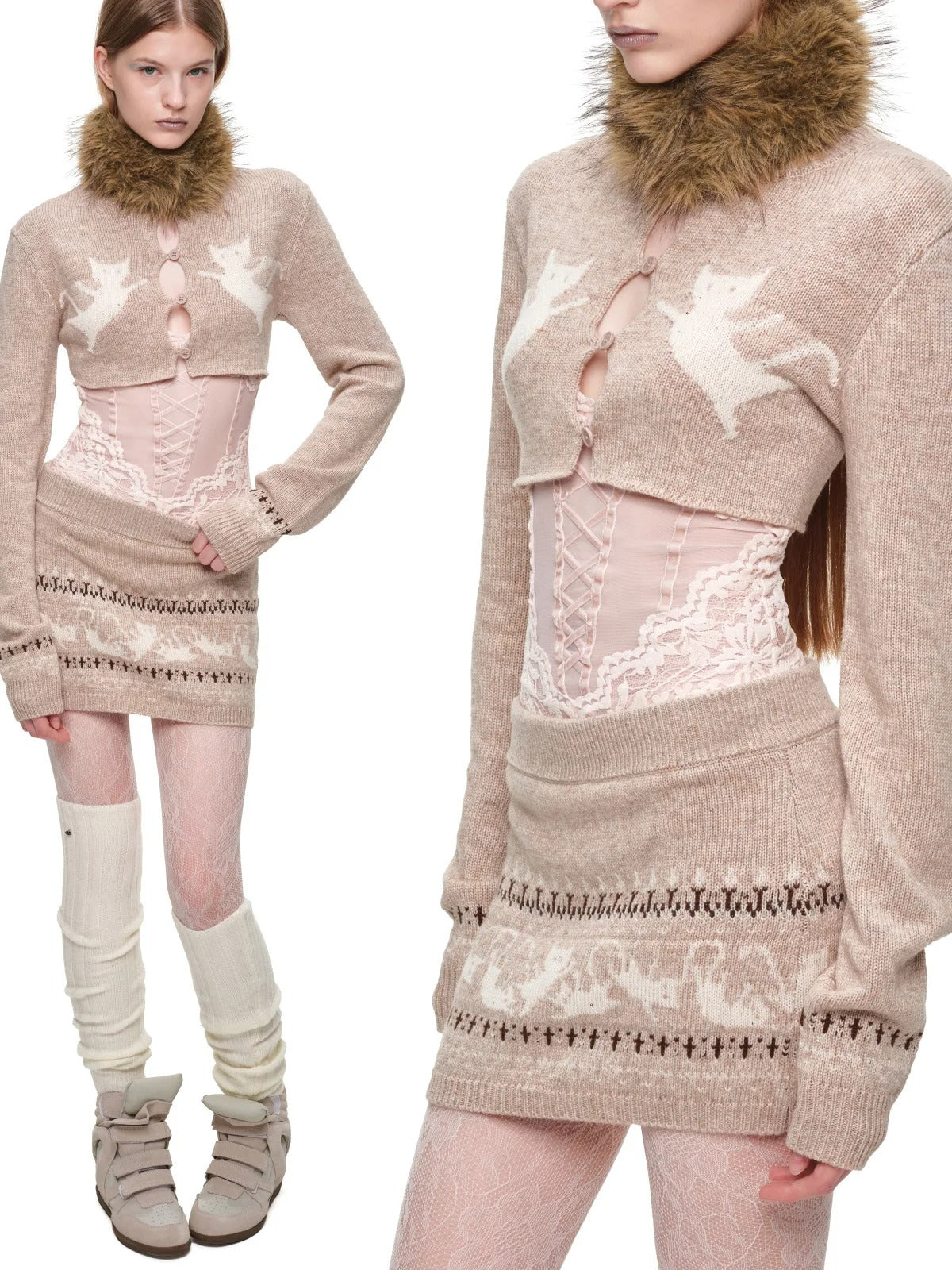 Fair Isle Jacquard Knit Cardigan & Skirt Set