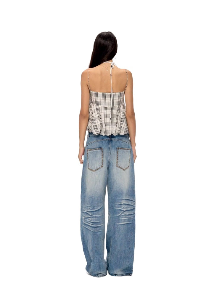 Washed Blue Drapey Wide-Leg Jeans