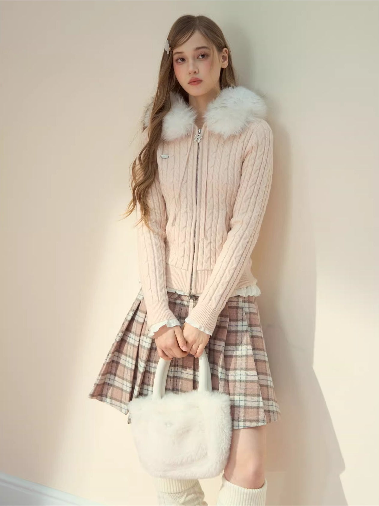 Detachable Fur Collar Blush Zip-up Knit Cardigan