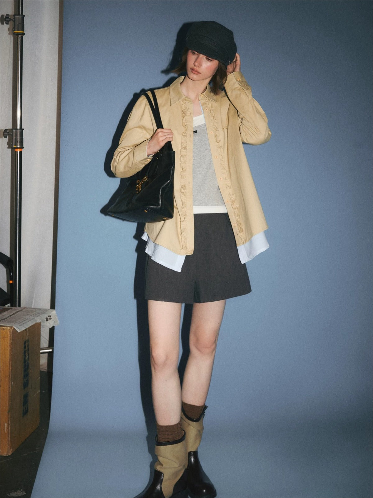 Contrast Layered Ruffle Cotton Shirt