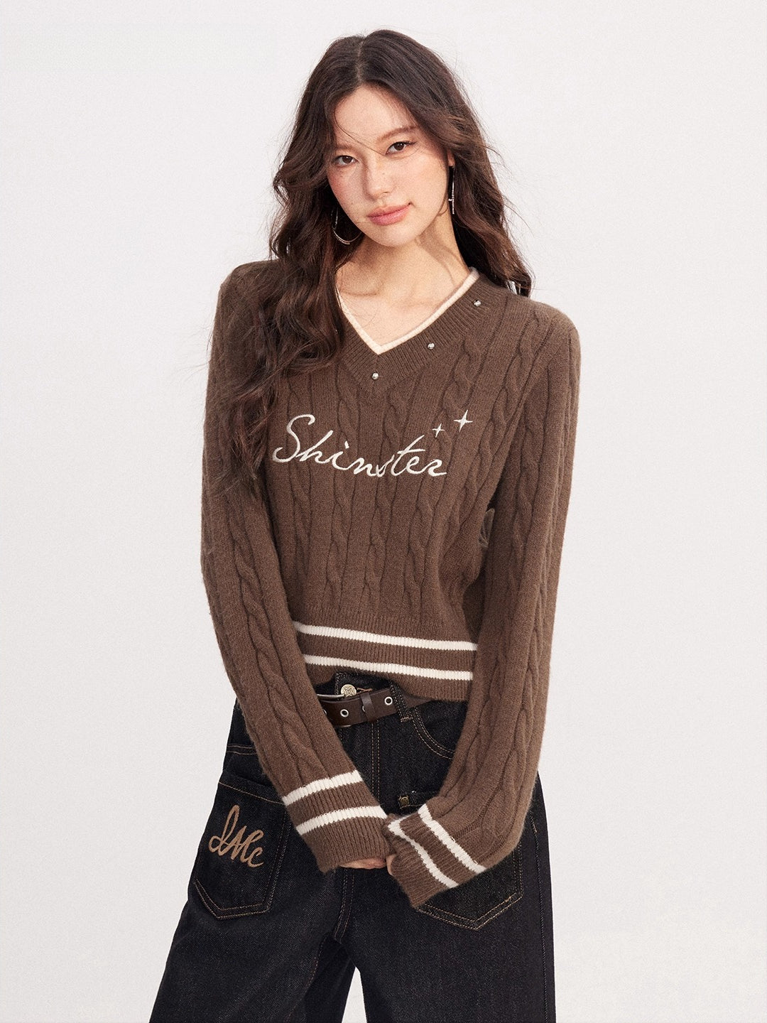 Color Block Stripes V-neck Embroidered Sweater