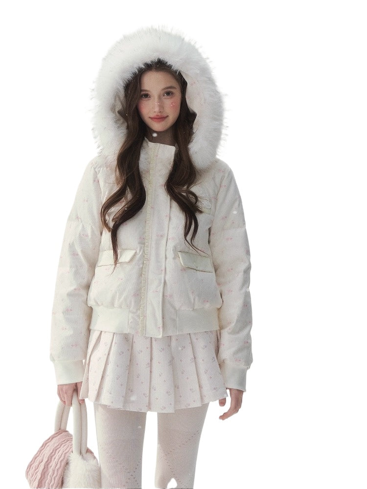 Plaid Floral Faux-Fur Down Jacket