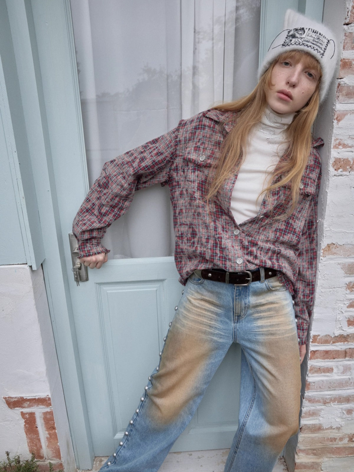 Washed Plaid Frayed-Edge Fitted Shirt