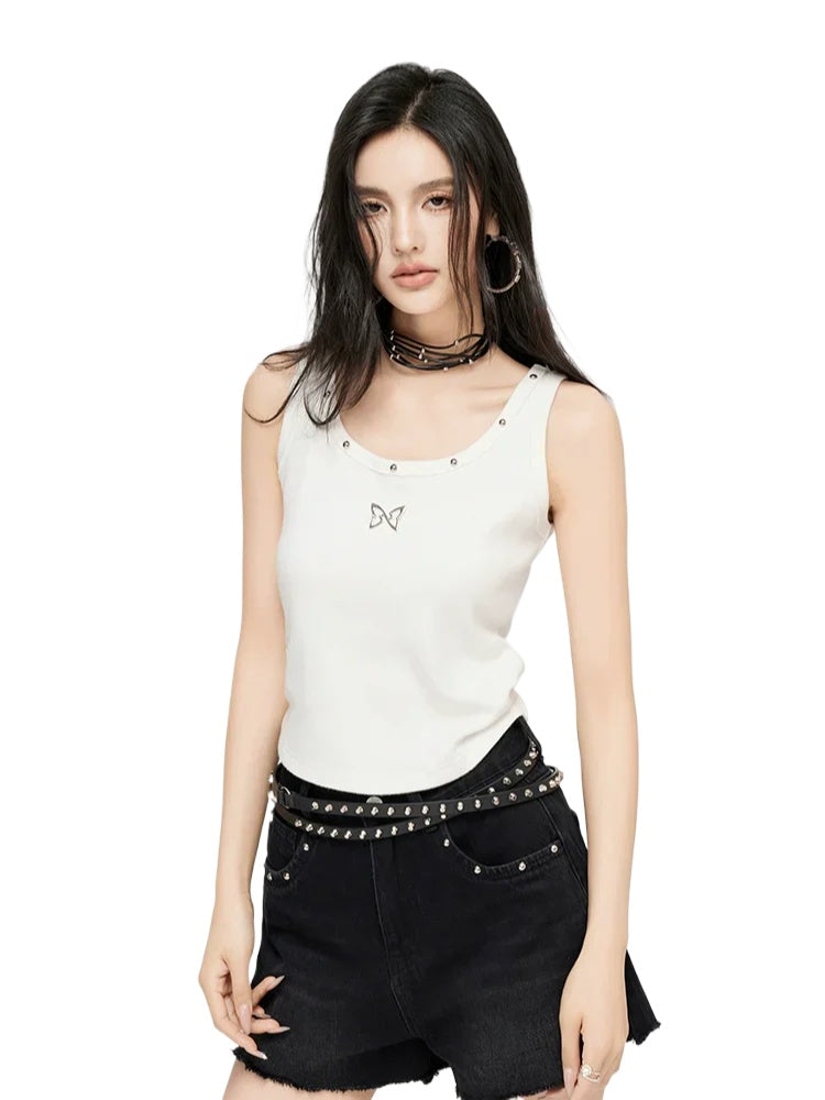 White & Black Butterfly Printed U-neck Tank Top